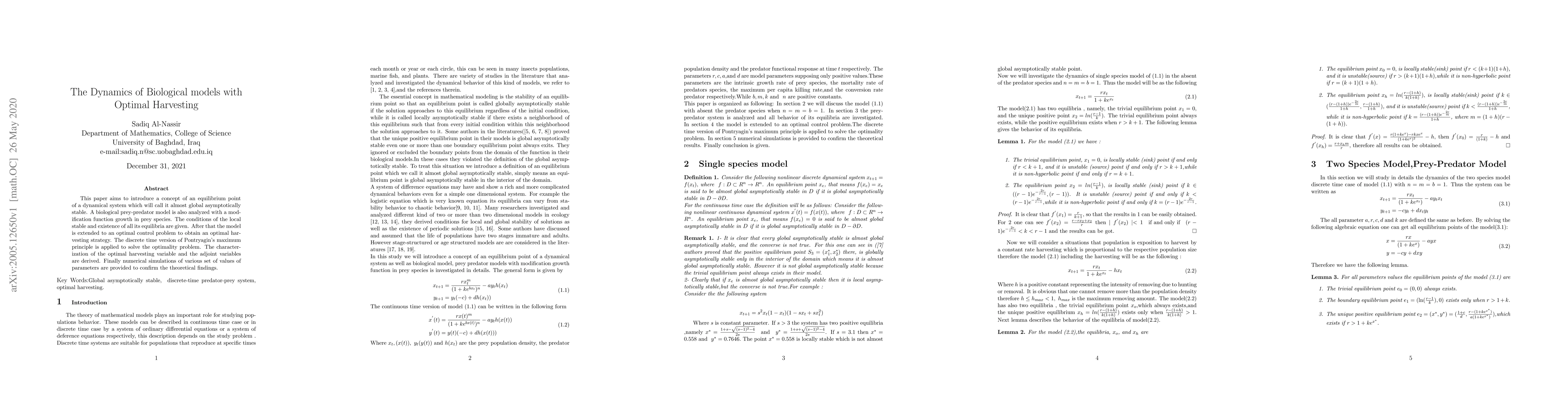 Thumbnail for The Dynamics of Biological models with Optimal Harvesting