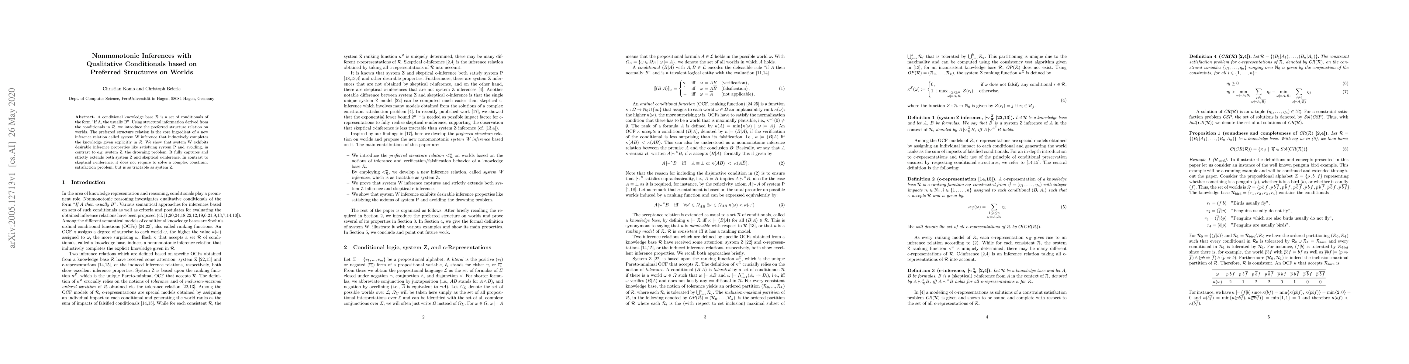 Thumbnail for Nonmonotonic Inferences with Qualitative Conditionals based on Preferred
  Structures on Worlds
