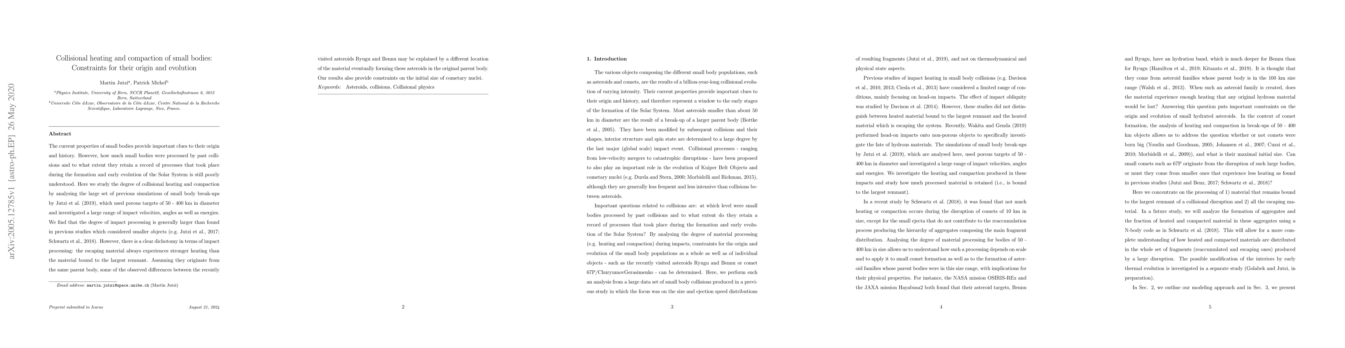 Thumbnail for Collisional heating and compaction of small bodies: Constraints for
  their origin and evolution