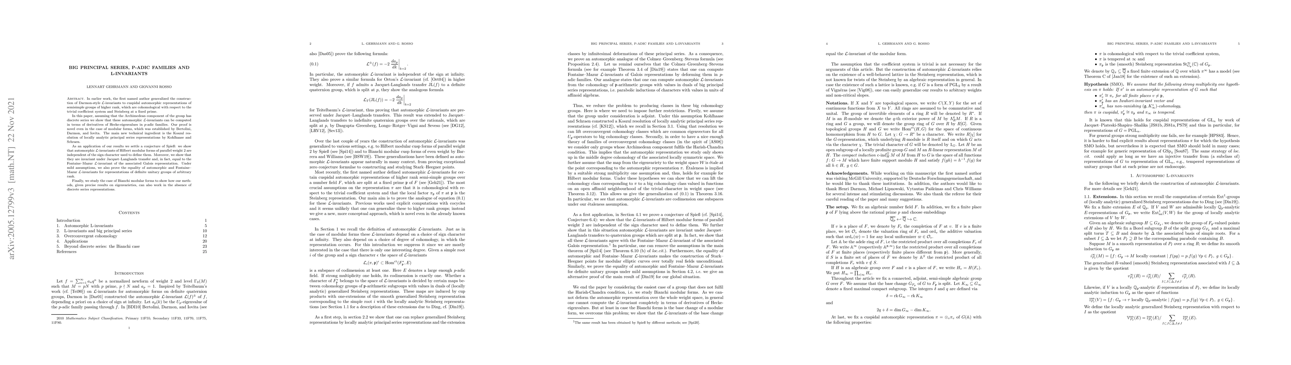 Thumbnail for Big principal series, p-adic families and L-invariants