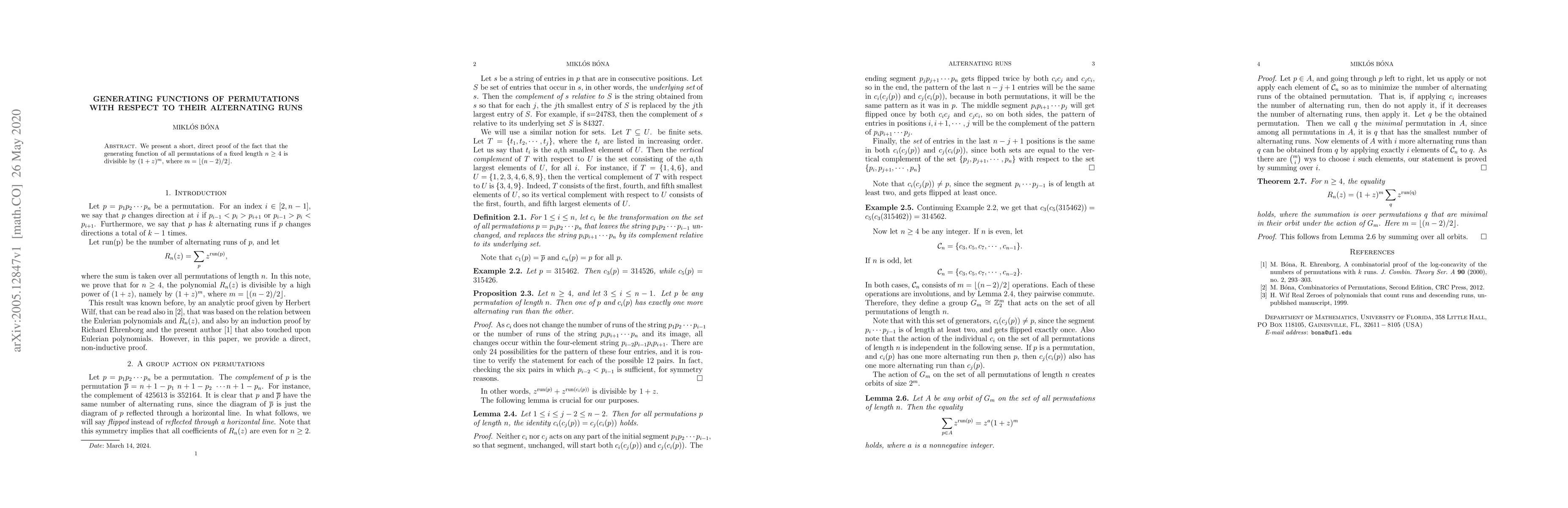 Thumbnail for Generating functions of permutations with respect to their alternating
  runs