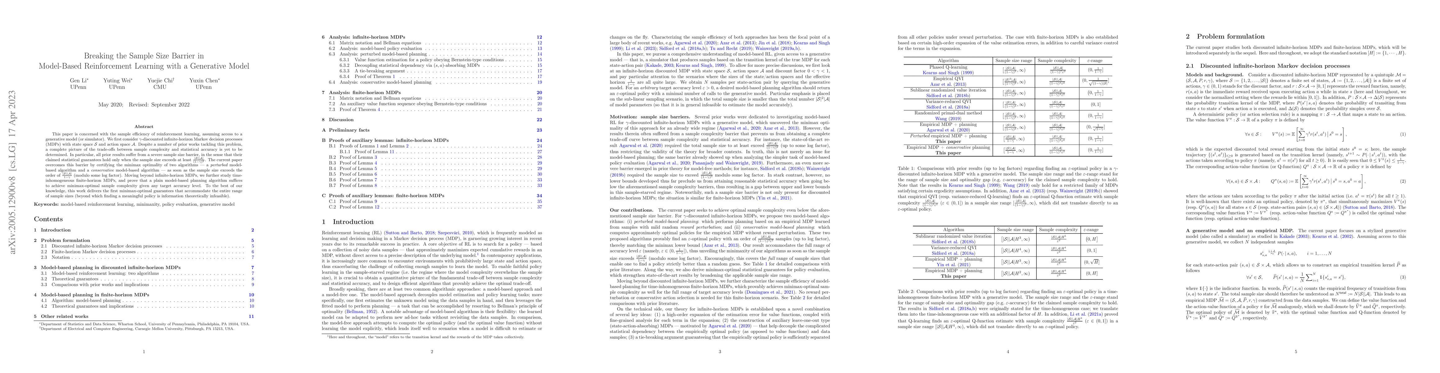 Thumbnail for Breaking the Sample Size Barrier in Model-Based Reinforcement Learning
  with a Generative Model