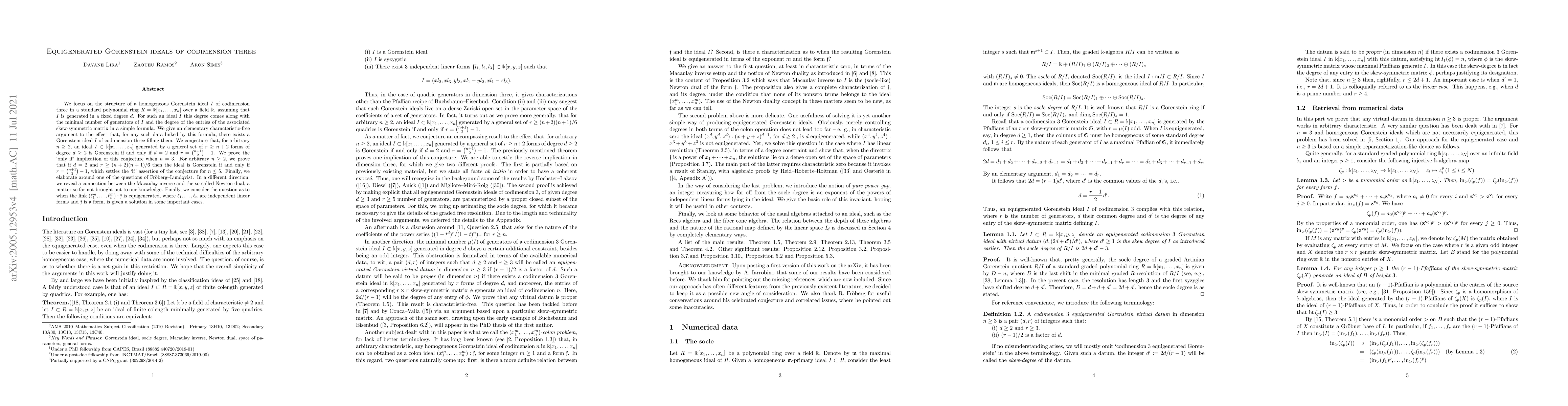 Thumbnail for Equigenerated Gorenstein ideals of codimension three