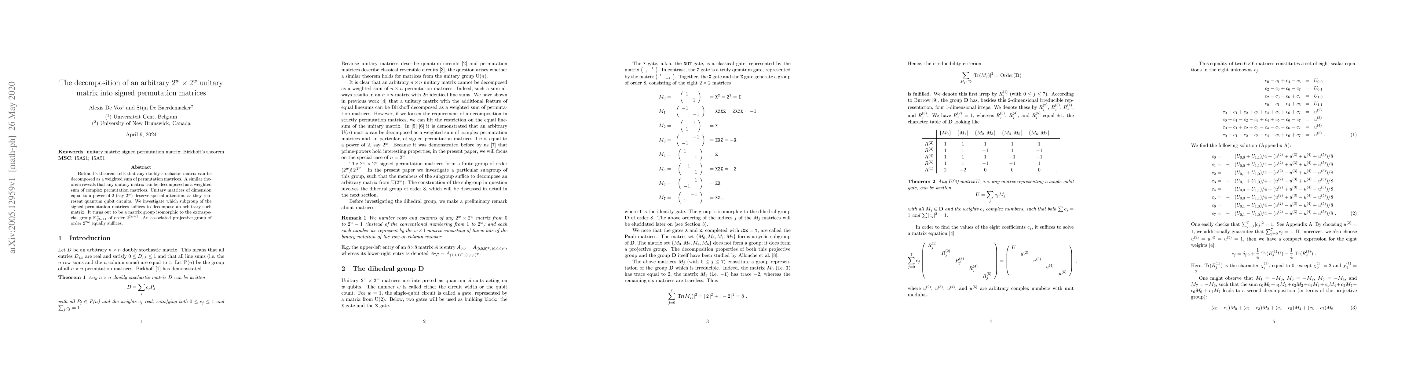 Thumbnail for The decomposition of an arbitrary $2^w\times 2^w$ unitary matrix into
  signed permutation matrices