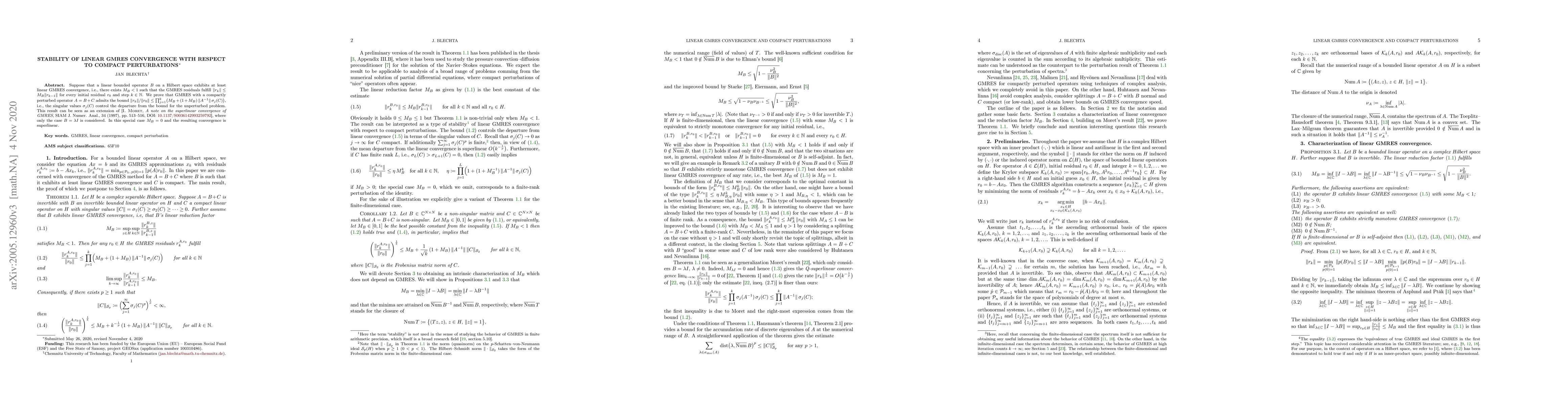Thumbnail for Stability of linear GMRES convergence with respect to compact
  perturbations