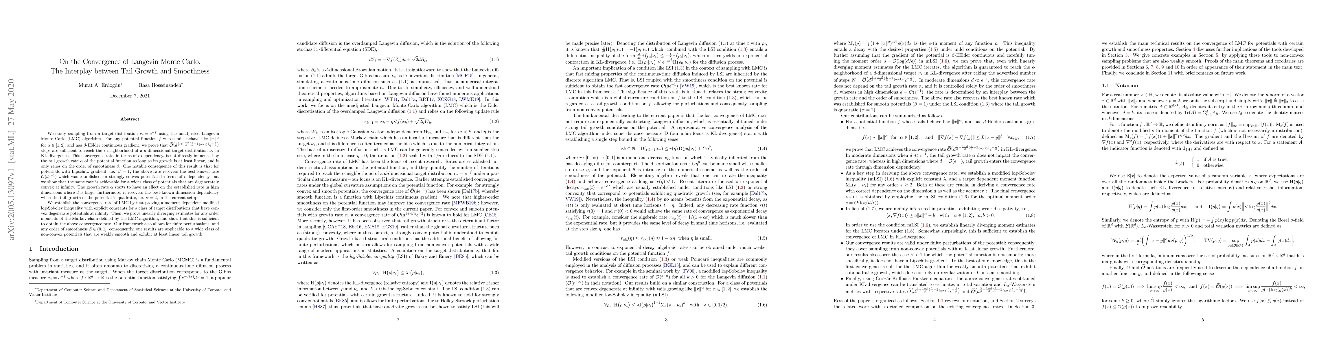 Thumbnail for On the Convergence of Langevin Monte Carlo: The Interplay between Tail
  Growth and Smoothness
