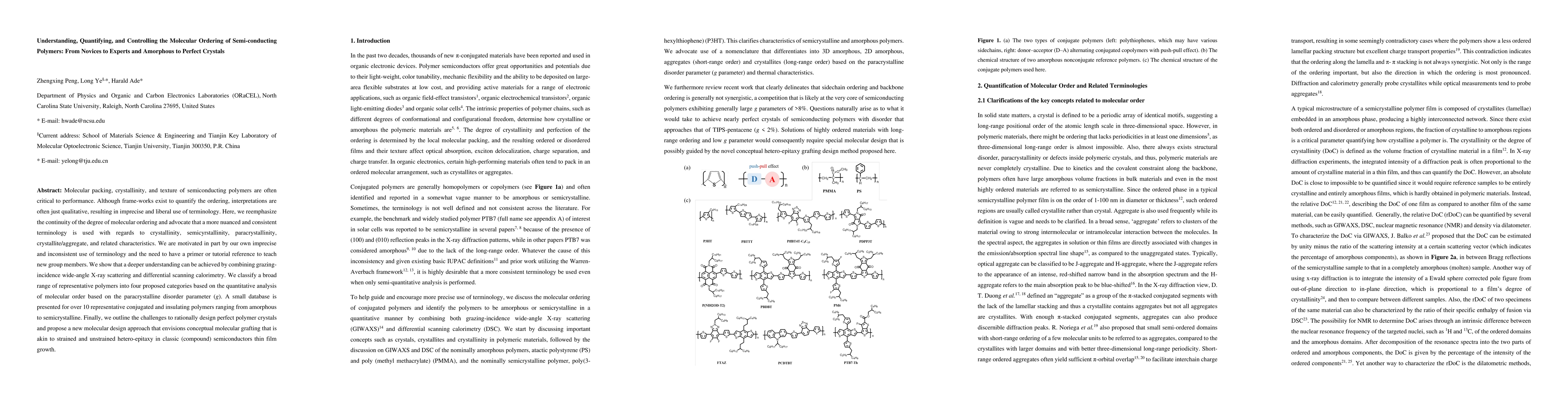 Thumbnail for Understanding, Quantifying, and Controlling the Molecular Ordering of
  Semi-conducting Polymers: From Novices to Experts and Amorphous to Perfect
  Crystals