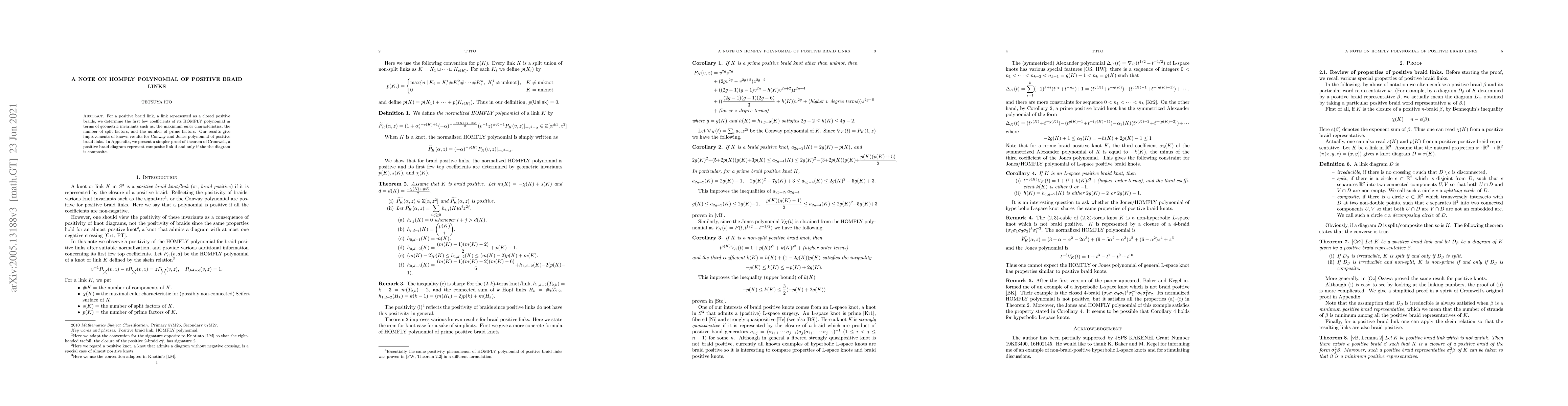 Thumbnail for A note on HOMFLY polynomial of positive braid links