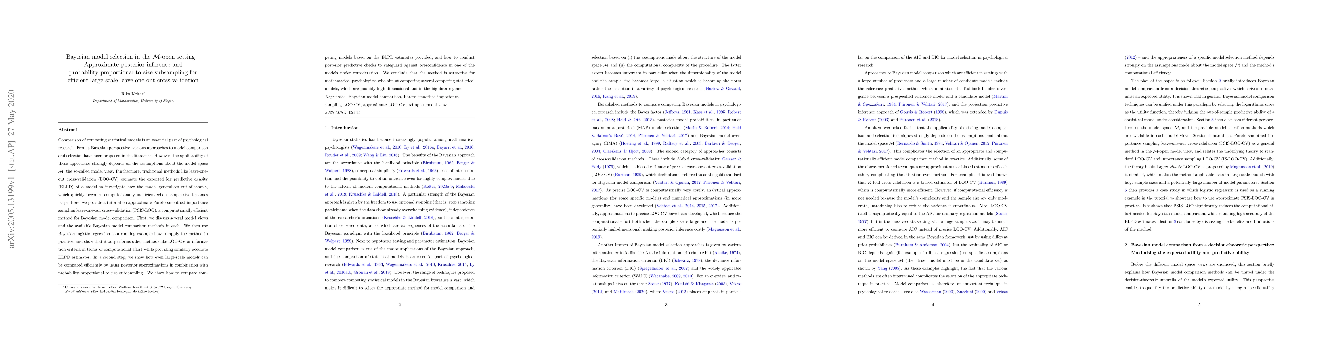Thumbnail for Bayesian model selection in the $\mathcal{M}$-open setting --
  Approximate posterior inference and probability-proportional-to-size
  subsampling for efficient large-scale leave-one-out cross-validation