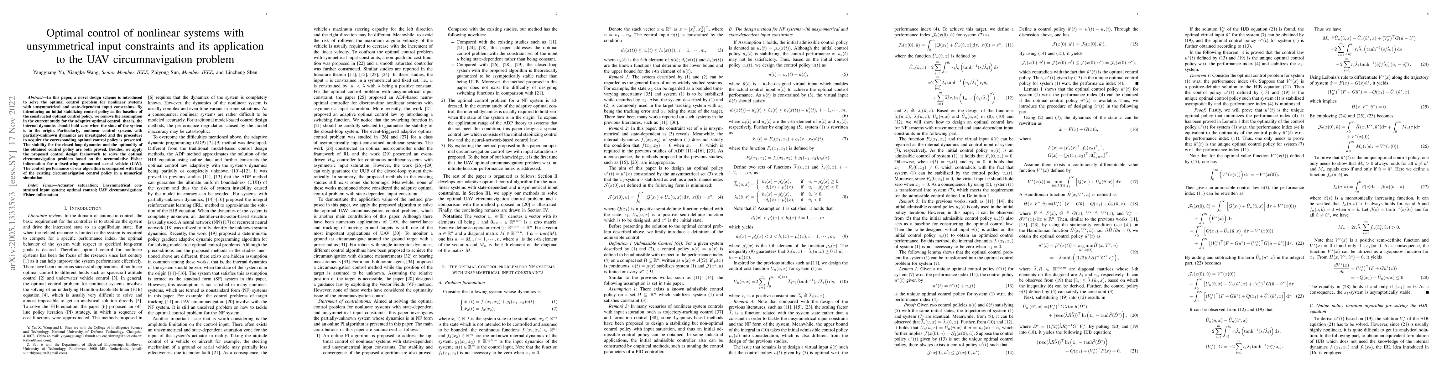 Thumbnail for Optimal control of nonlinear systems with unsymmetrical input
  constraints and its applications to the UAV circumnavigation problem