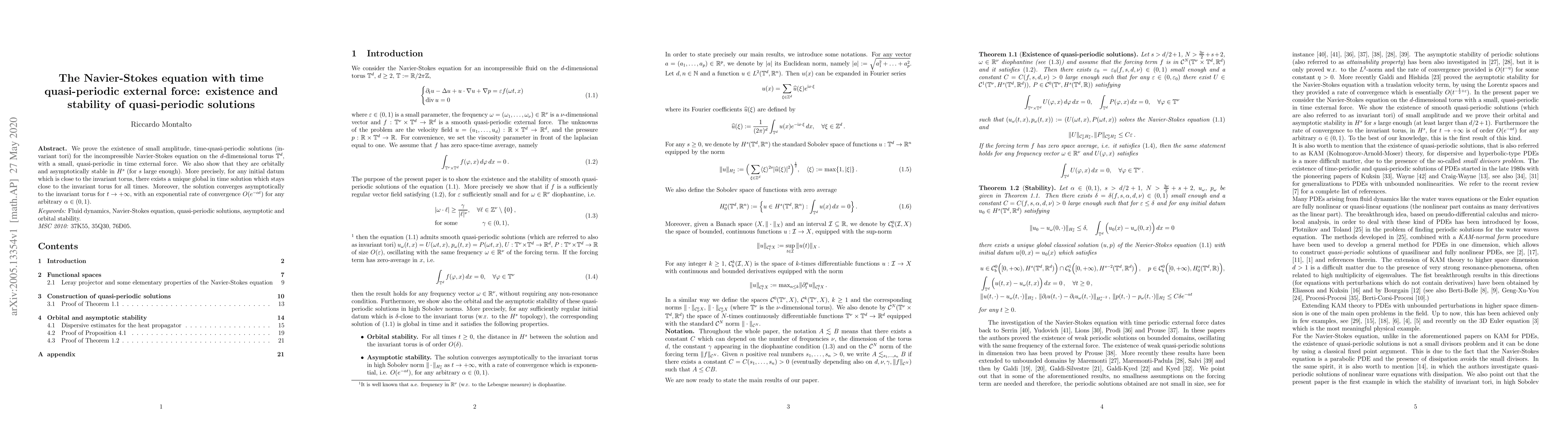 Thumbnail for The Navier-Stokes equation with time quasi-periodic external force:
  existence and stability of quasi-periodic solutions