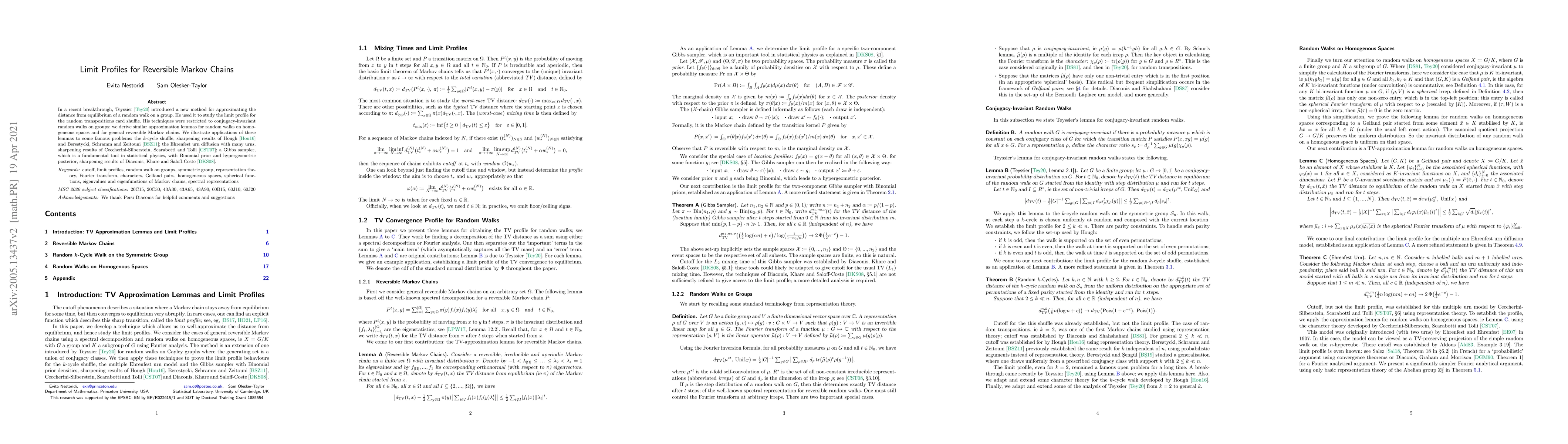 Thumbnail for Limit Profiles for Reversible Markov Chains
