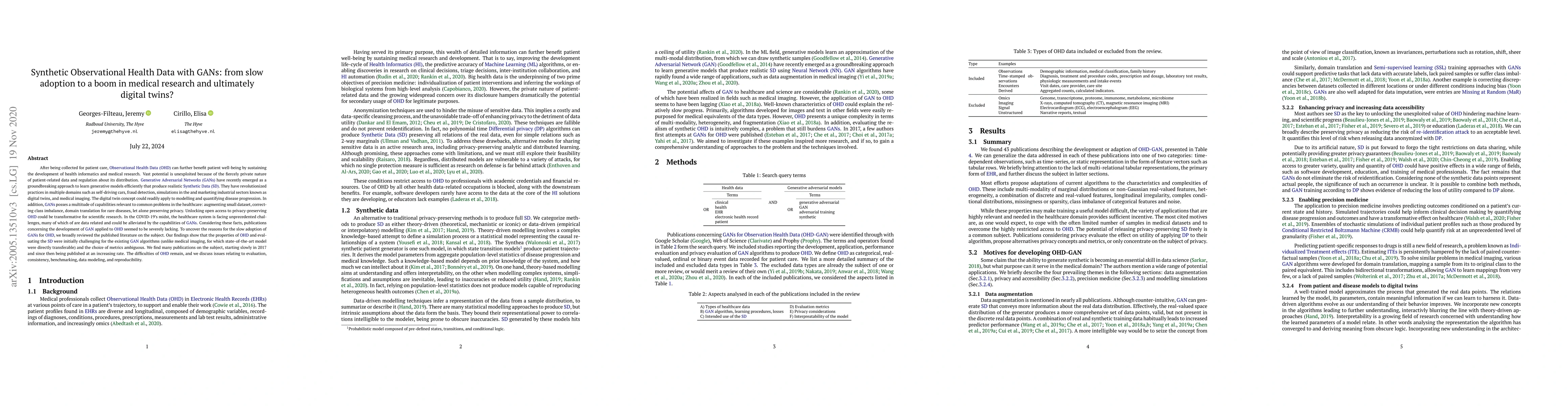 Thumbnail for Synthetic Observational Health Data with GANs: from slow adoption to a
  boom in medical research and ultimately digital twins?