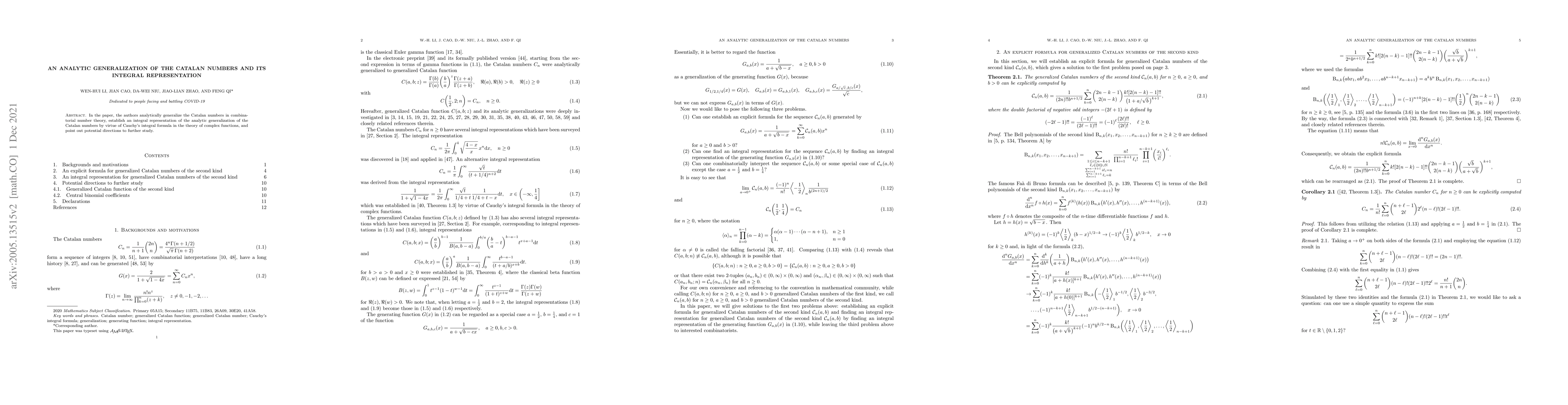 Thumbnail for An analytic generalization of the Catalan numbers and its integral
  representation
