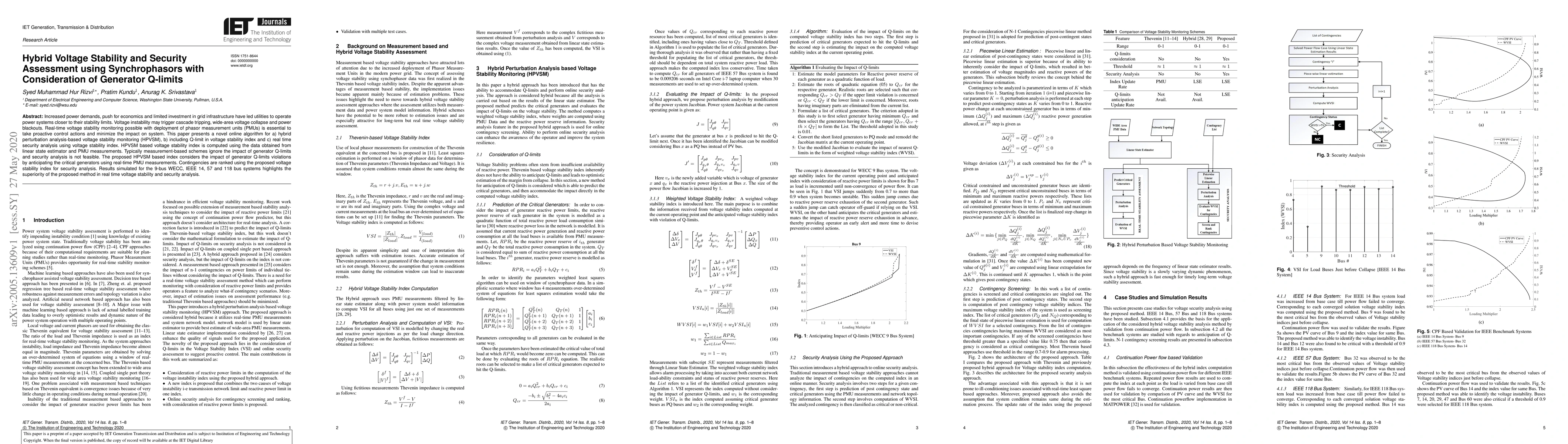 Thumbnail for Hybrid Voltage Stability and Security Assessment using Synchrophasors
  with Consideration of Generator Q-limits