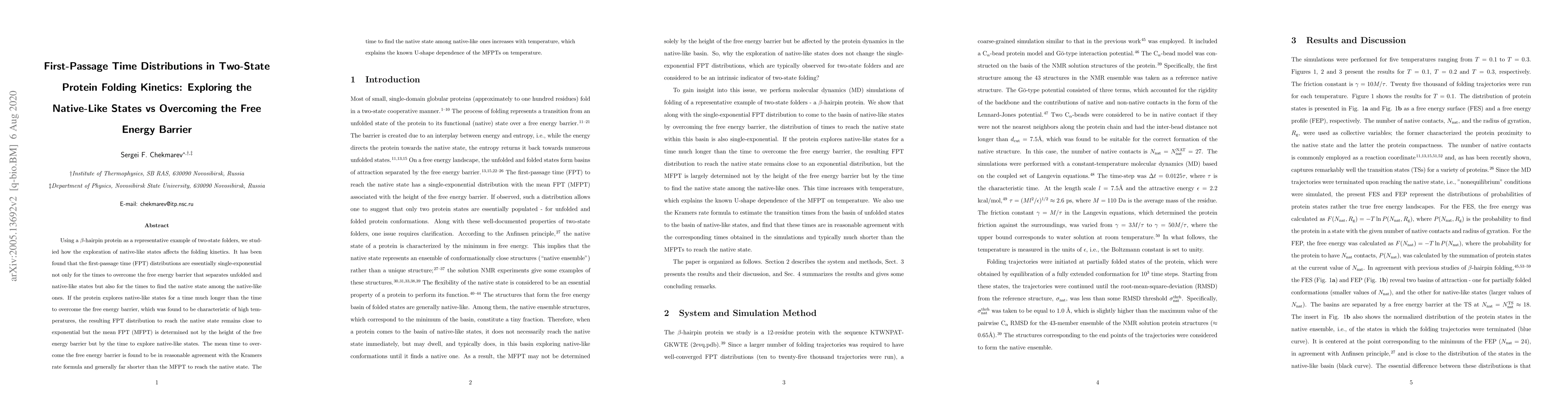 Thumbnail for First-Passage Time Distributions in Two-State Protein Folding Kinetics:
  Exploring the Native-Like States vs Overcoming the Free Energy Barrier