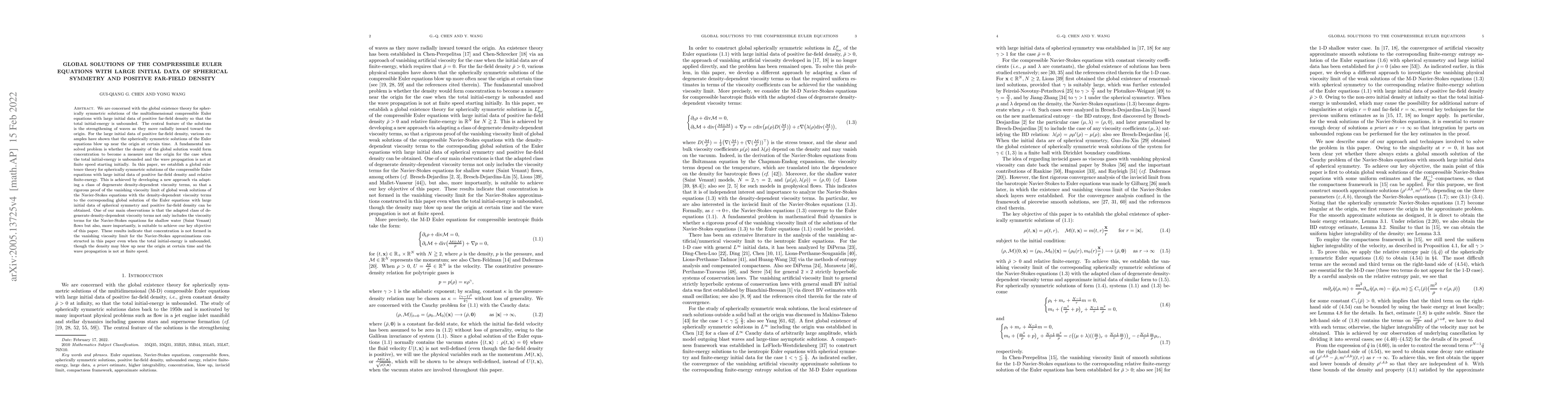 Thumbnail for Global Solutions of the Compressible Euler Equations with Large Initial
  Data of Spherical Symmetry and Positive Far-Field Density