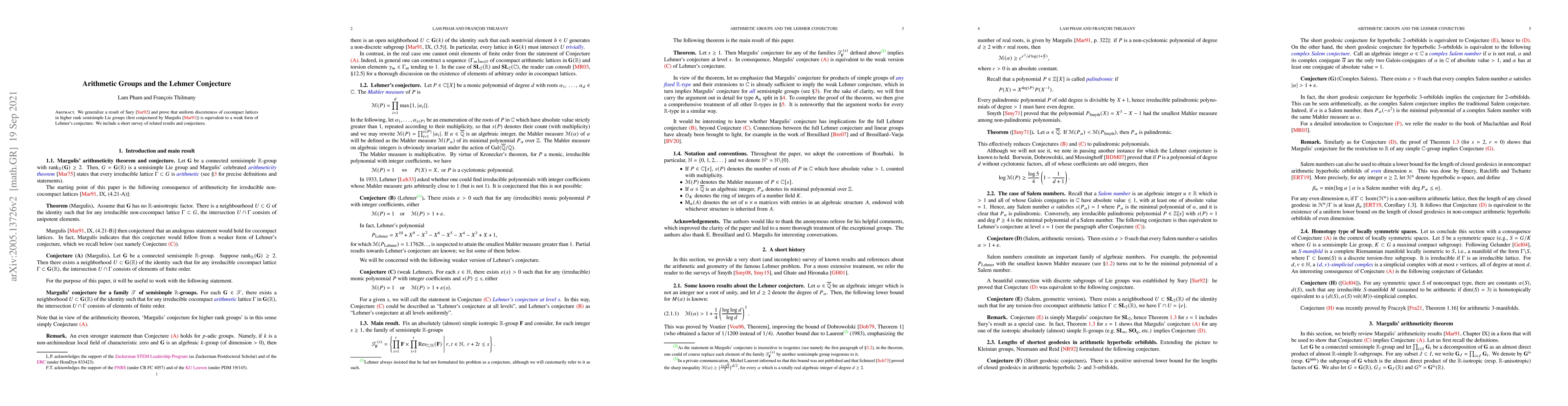 Thumbnail for Arithmetic Groups and the Lehmer Conjecture