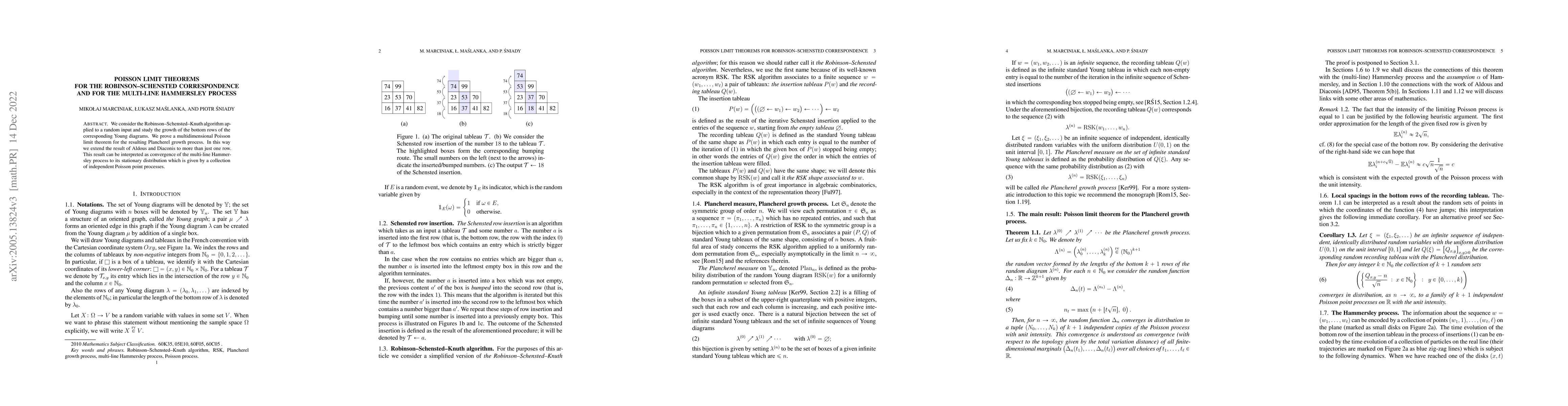 Thumbnail for Poisson limit theorems for the Robinson-Schensted correspondence and for
  the multi-line Hammersley process