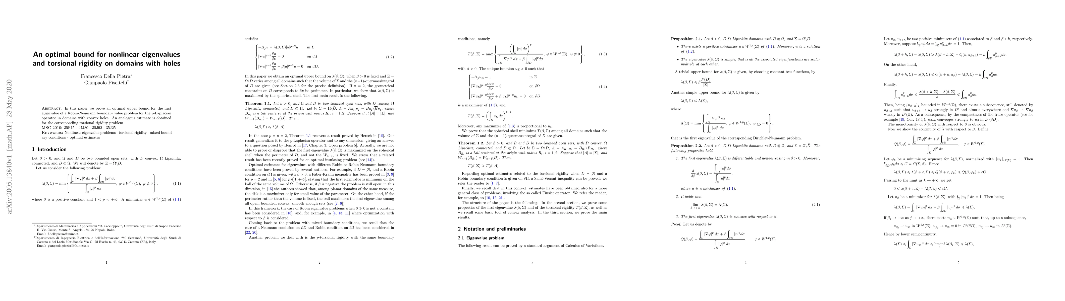 Thumbnail for An optimal bound for nonlinear eigenvalues and torsional rigidity on
  domains with holes