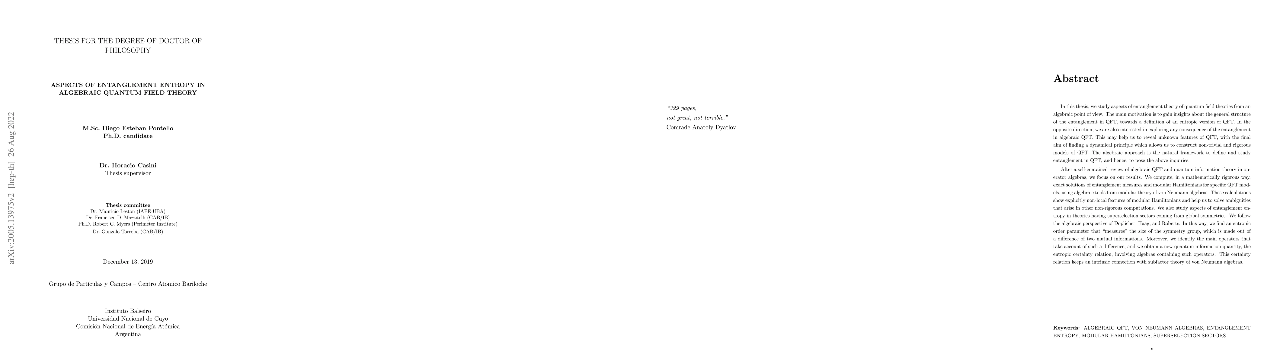 Thumbnail for Aspects of Entanglement Entropy in Algebraic Quantum Field Theory