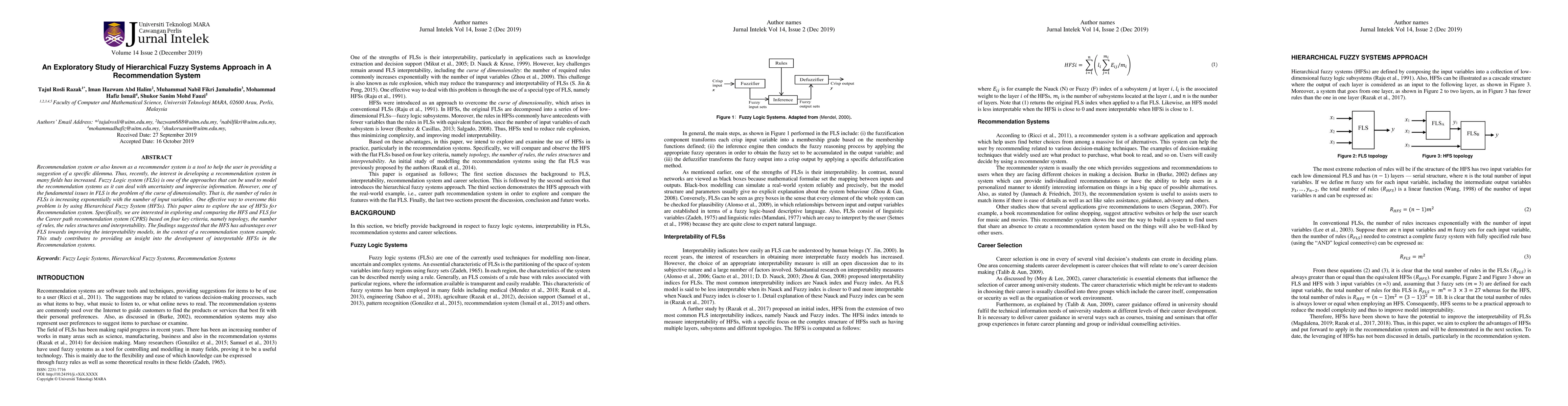 Thumbnail for An Exploratory Study of Hierarchical Fuzzy Systems Approach in
  Recommendation System