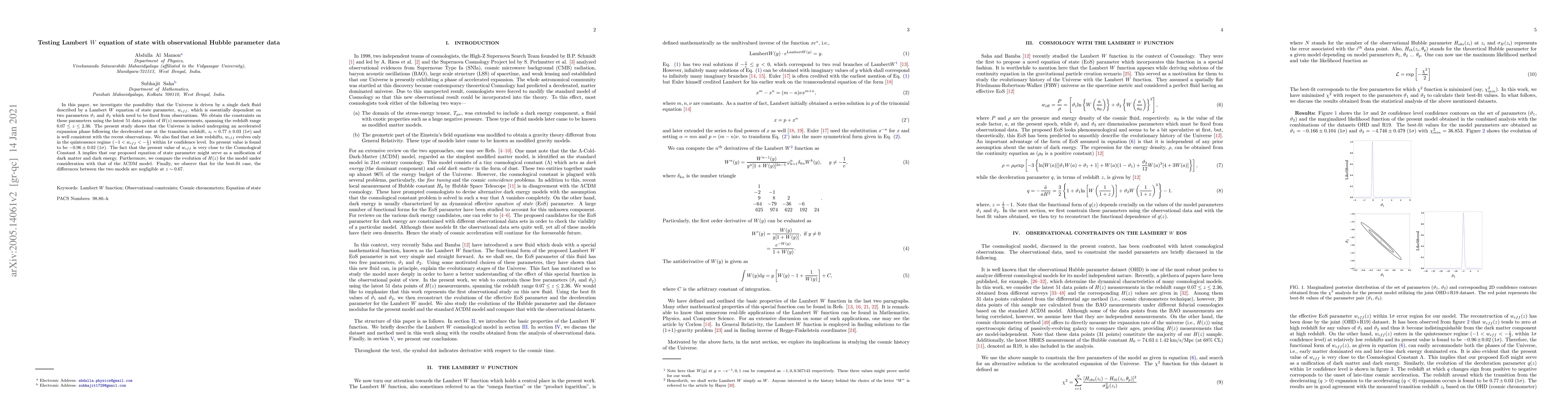 Thumbnail for Testing Lambert$W$ equation of state with observational Hubble parameter
  data