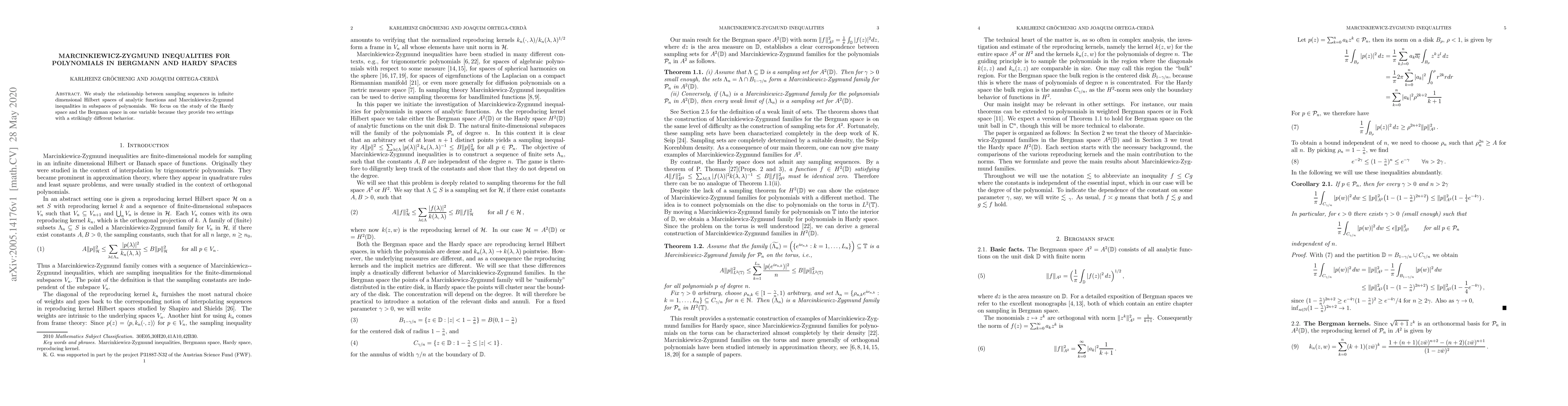 Thumbnail for Marcinkiewicz-Zygmund Inequalities for Polynomials in Bergmann and Hardy
  Spaces