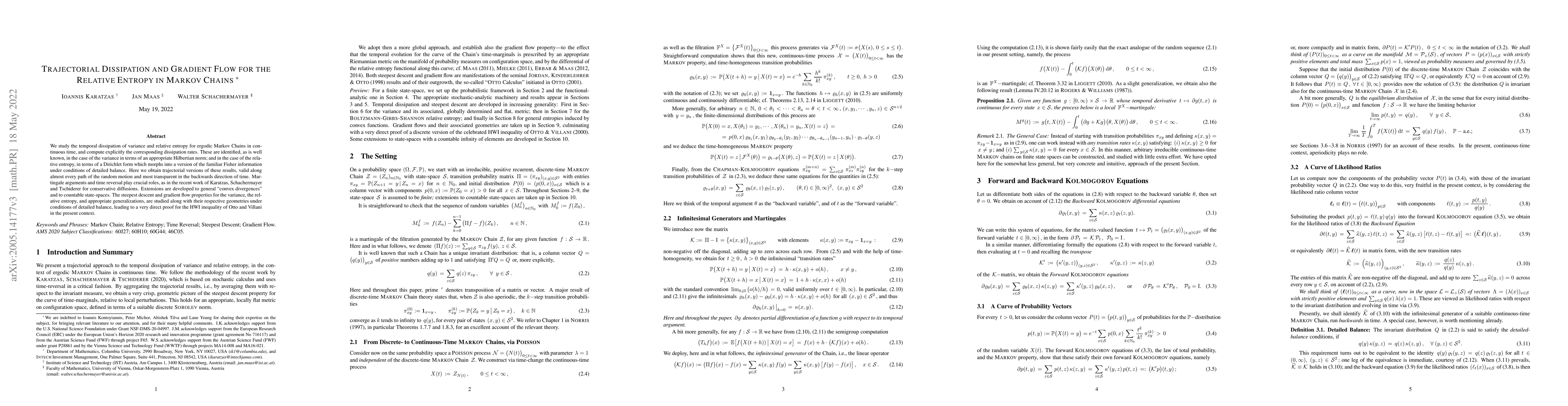 Thumbnail for Trajectorial dissipation and gradient flow for the relative entropy in
  Markov chains