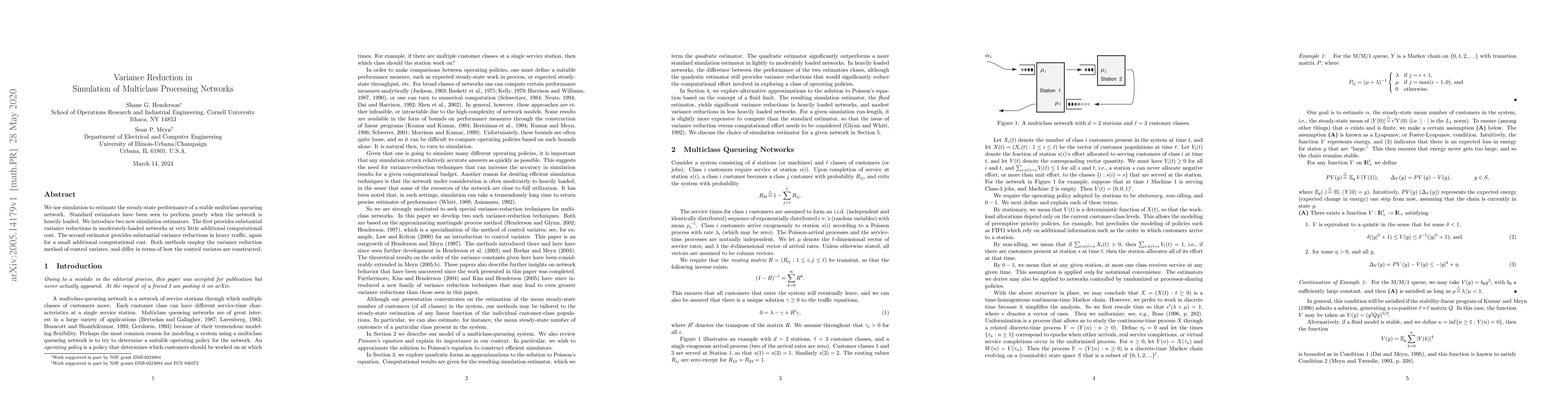 Thumbnail for Variance Reduction in Simulation of Multiclass Processing Networks