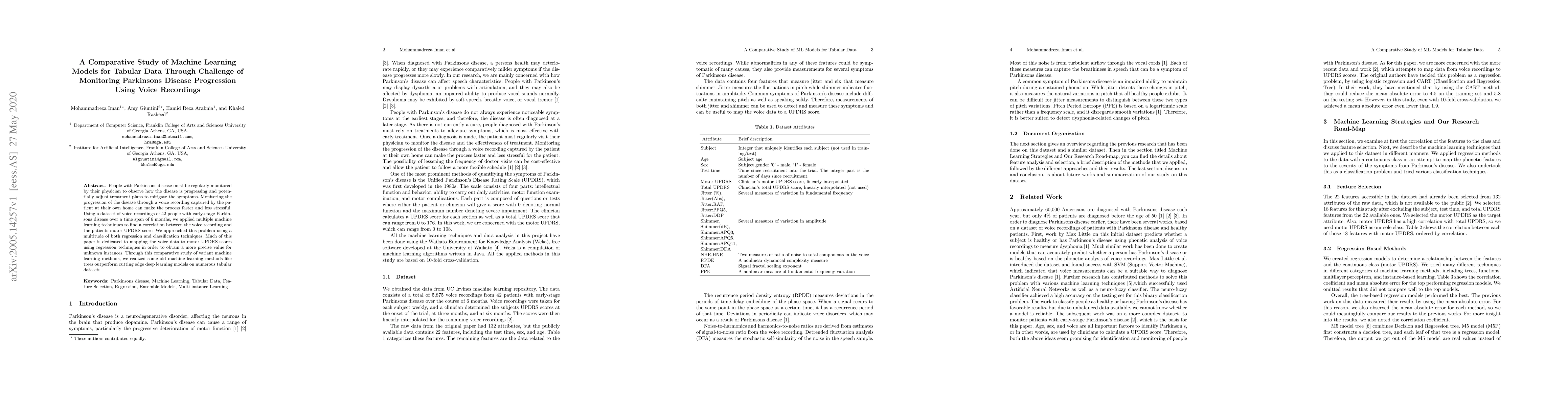 Thumbnail for A Comparative Study of Machine Learning Models for Tabular Data Through
  Challenge of Monitoring Parkinson's Disease Progression Using Voice
  Recordings