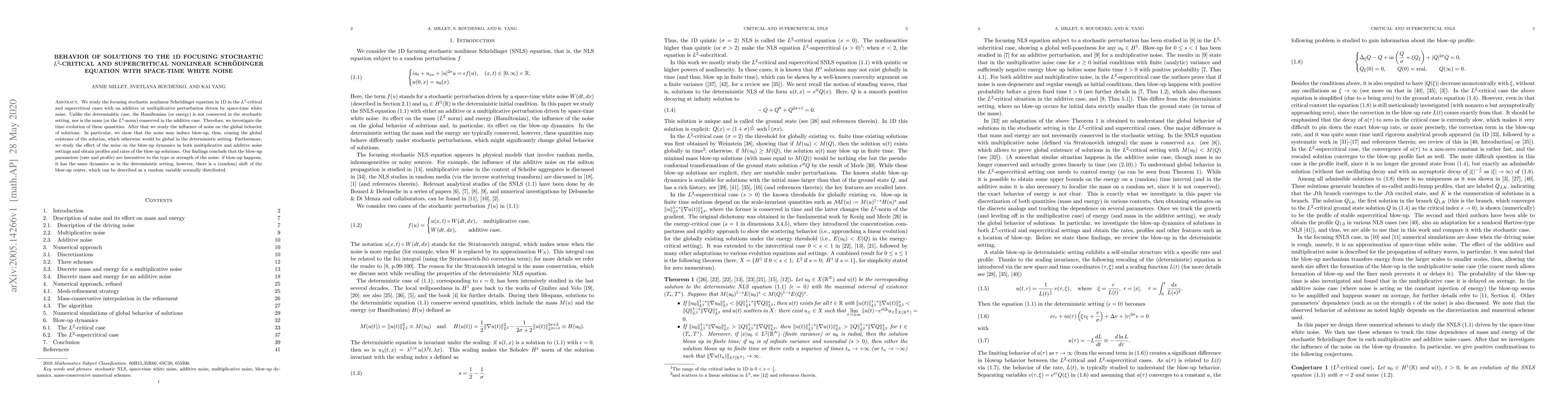 Thumbnail for Behavior of solutions to the 1D focusing stochastic $L^2$-critical and
  supercritical nonlinear Schr\"odinger equation with space-time white noise