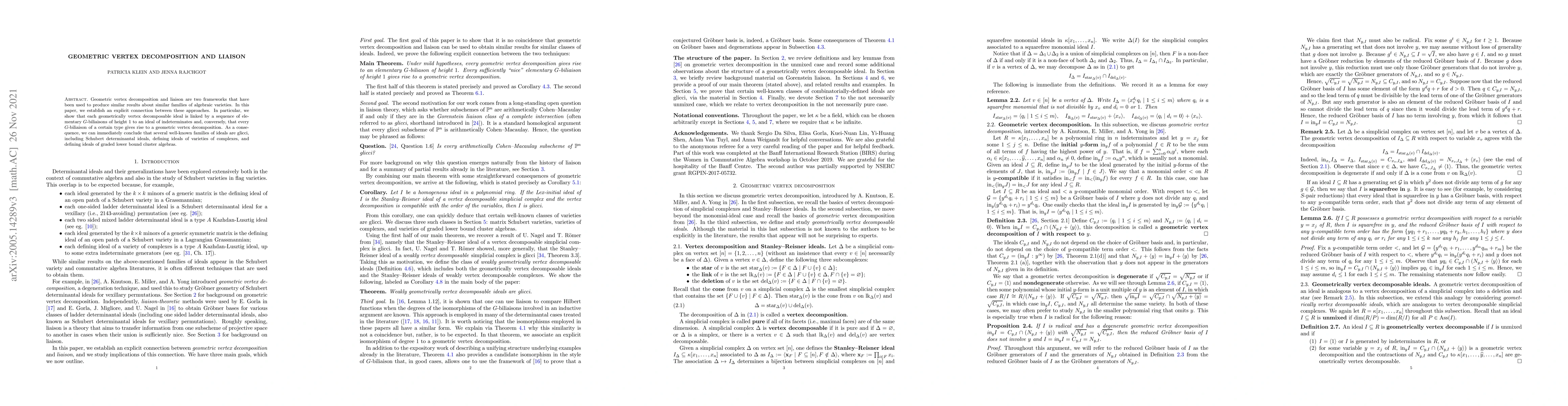 Thumbnail for Geometric vertex decomposition and liaison