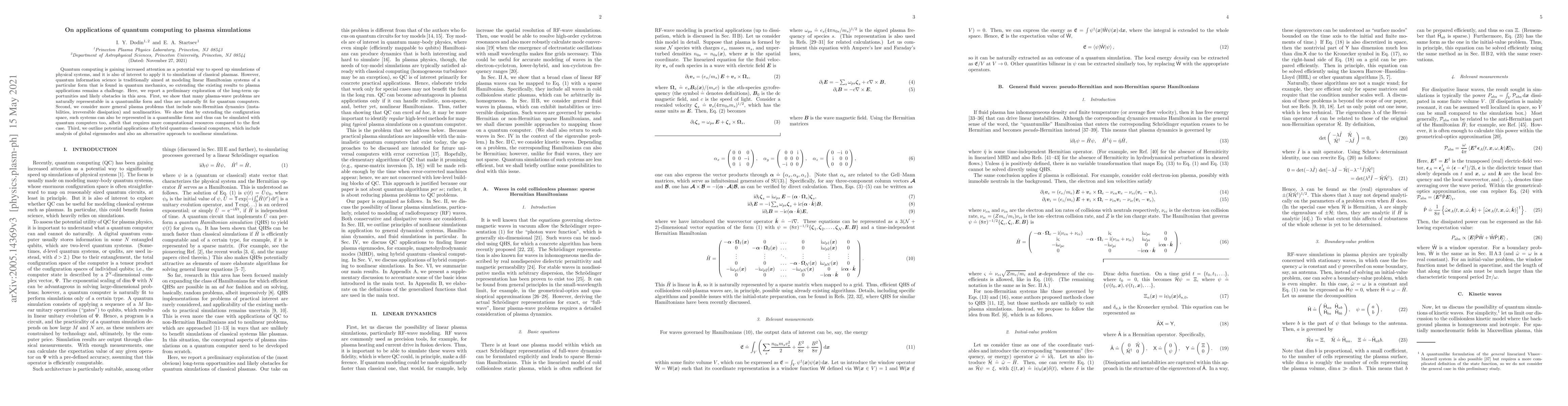 Thumbnail for On applications of quantum computing to plasma simulations