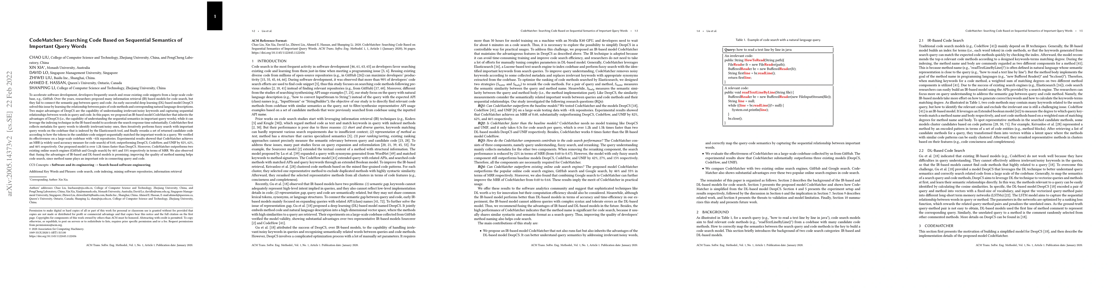 Thumbnail for CodeMatcher: Searching Code Based on Sequential Semantics of Important
  Query Words