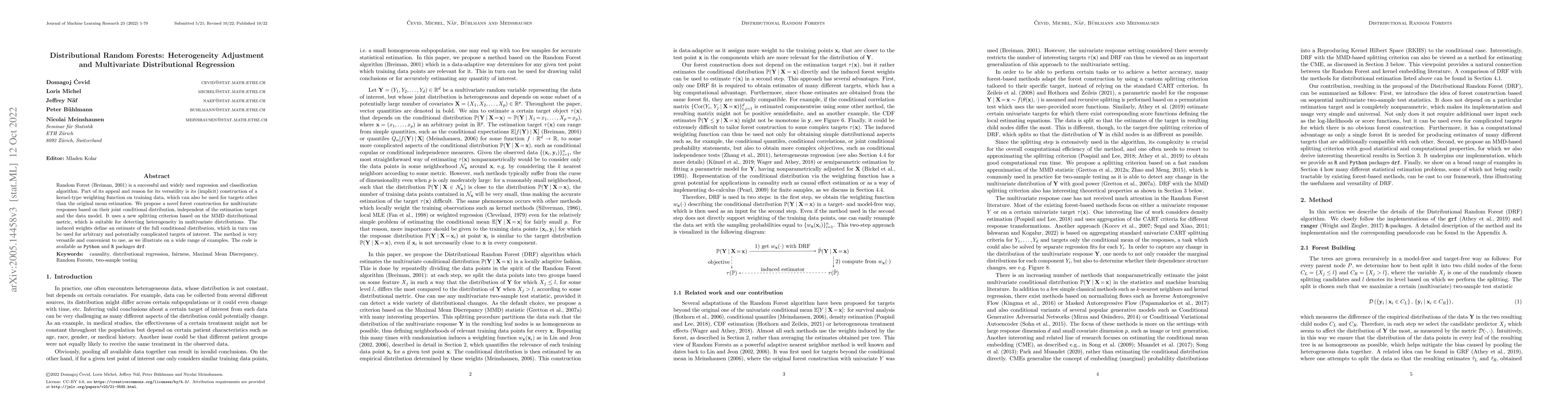 Thumbnail for Distributional Random Forests: Heterogeneity Adjustment and Multivariate
  Distributional Regression