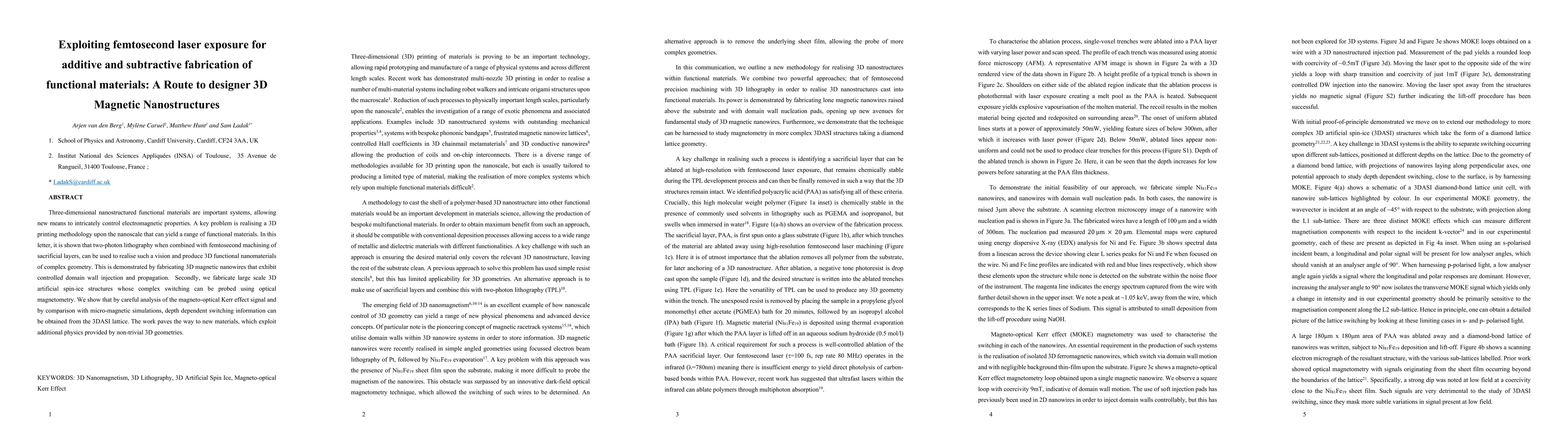 Thumbnail for Exploiting femtosecond laser exposure for additive and subtractive
  fabrication of functional materials: A Route to designer 3D Magnetic
  Nanostructures