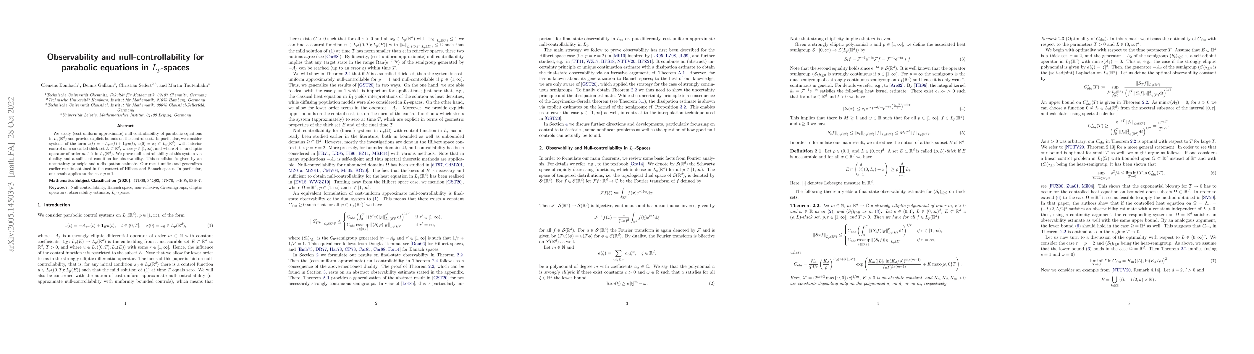 Thumbnail for Observability and null-controllability for parabolic equations in
  $L_p$-spaces