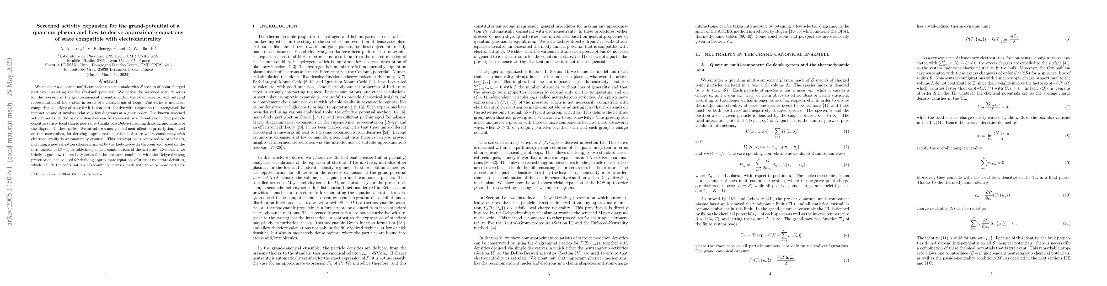Thumbnail for Screened activity expansion for the grand-potential of a quantum plasma
  and how to derive approximate equations of state compatible with
  electroneutrality