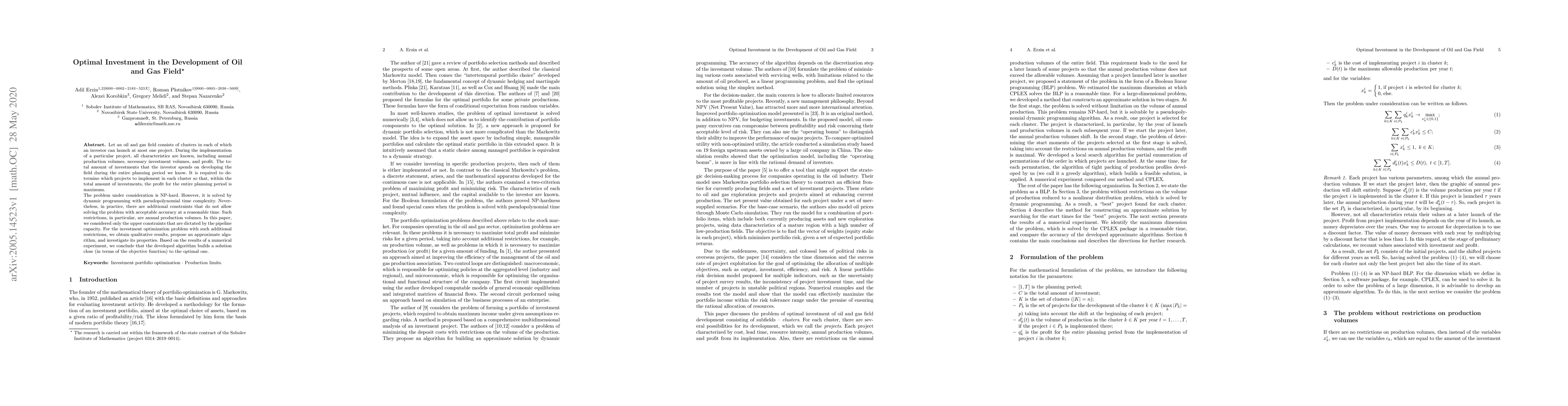 Thumbnail for Optimal Investment in the Development of Oil and Gas Field
