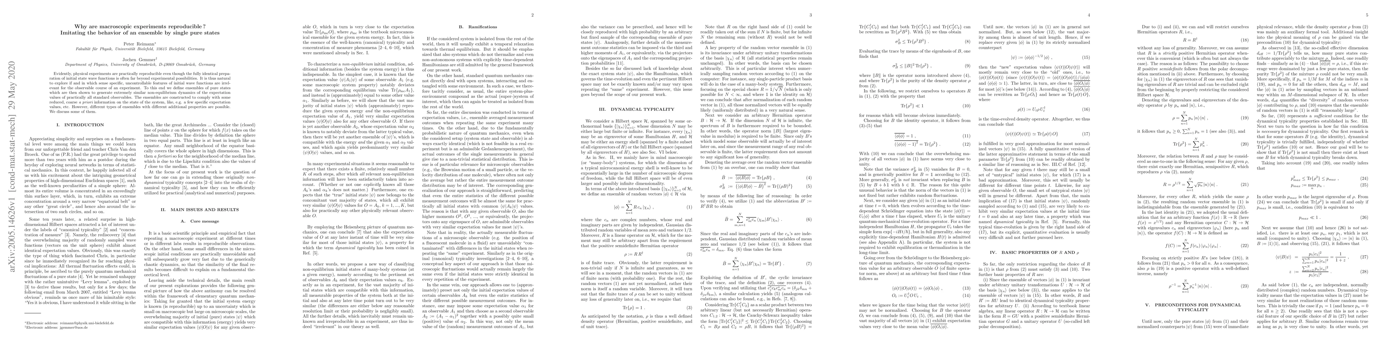 Thumbnail for Why are macroscopic experiments reproducible? Imitating the behavior of
  an ensemble by single pure states