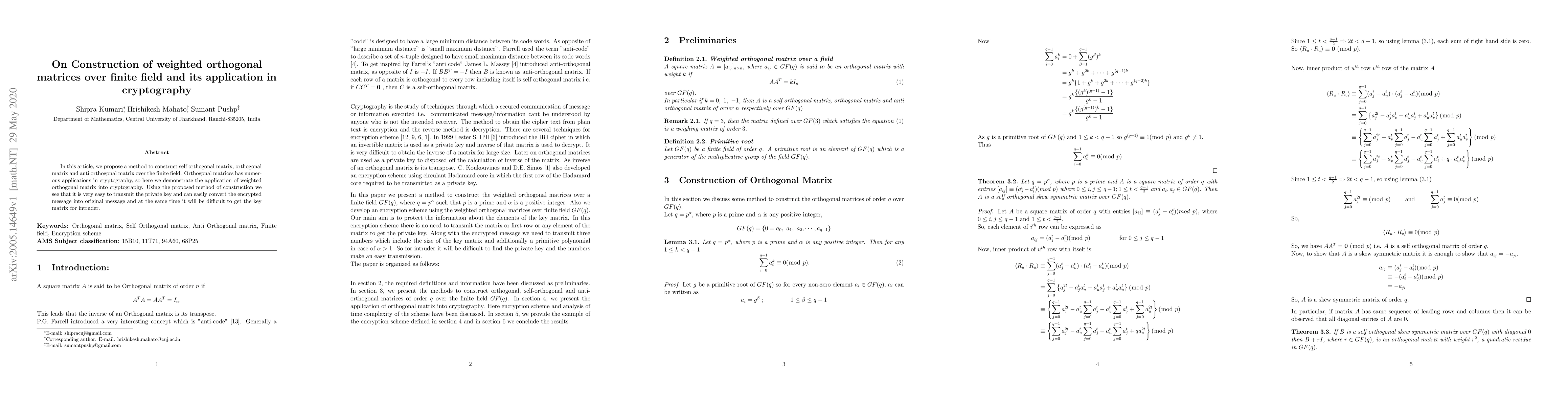 Thumbnail for On Construction of weighted orthogonal matrices over finite field and
  its application in cryptography
