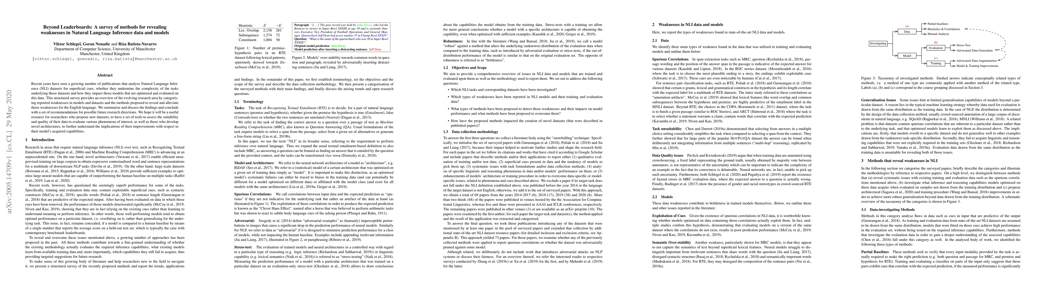 Thumbnail for Beyond Leaderboards: A survey of methods for revealing weaknesses in
  Natural Language Inference data and models