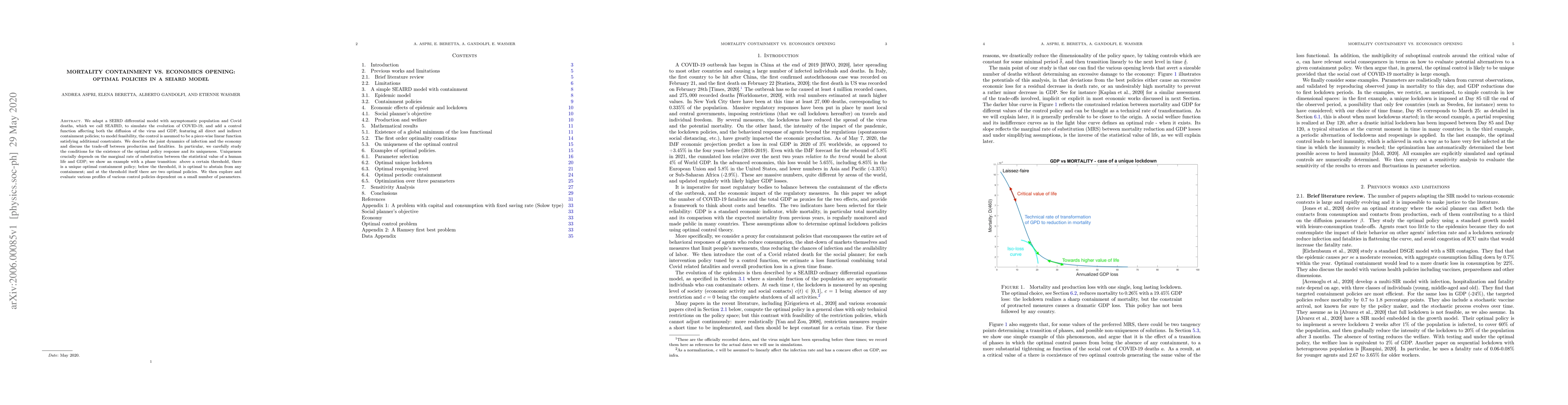 Thumbnail for Mortality containment vs. economics opening: optimal policies in a
  SEIARD model