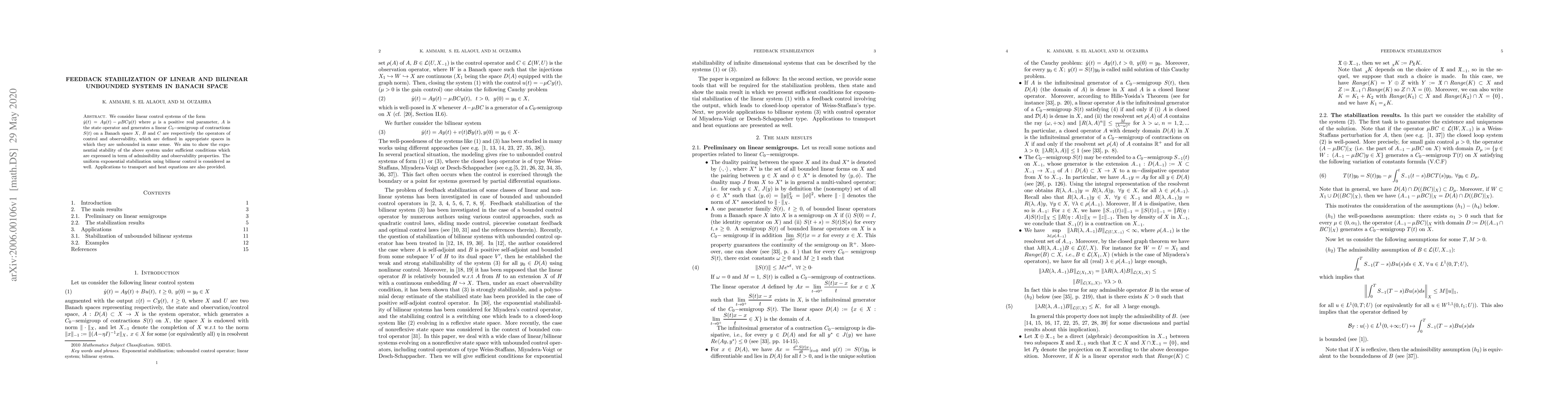 Thumbnail for Feedback stabilization of linear and bilinear unbounded systems in
  Banach space