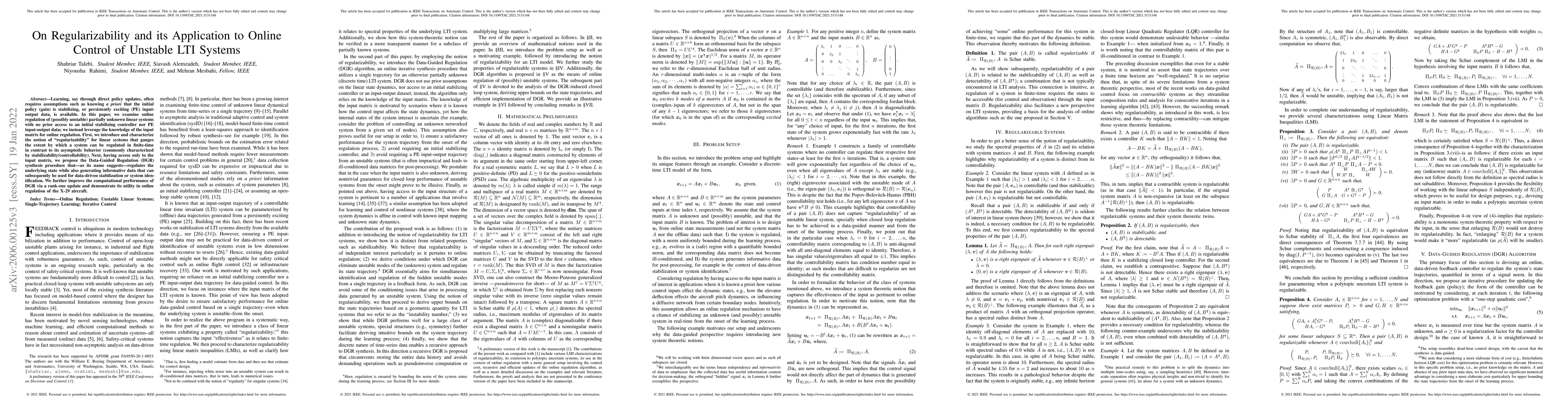 Thumbnail for On Regularizability and its Application to Online Control of Unstable
  LTI Systems