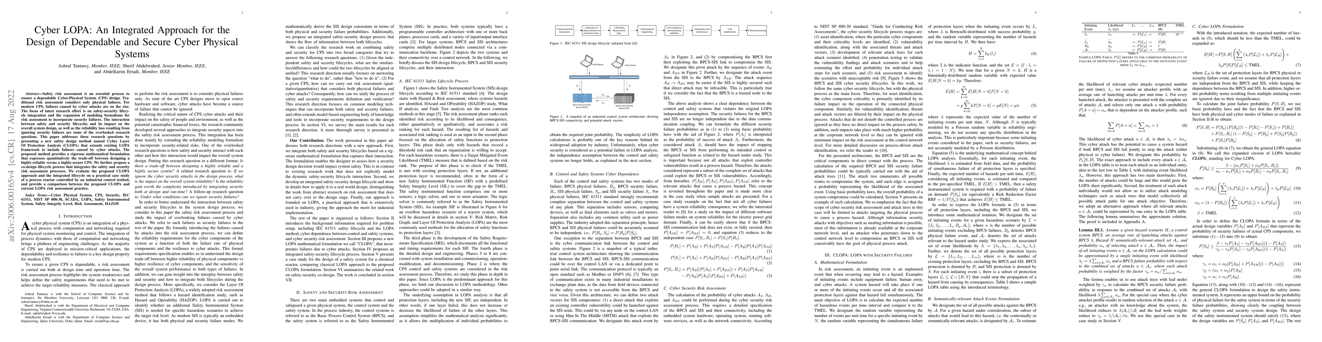 Thumbnail for Cyber LOPA: An Integrated Approach for the Design of Dependable and
  Secure Cyber Physical Systems