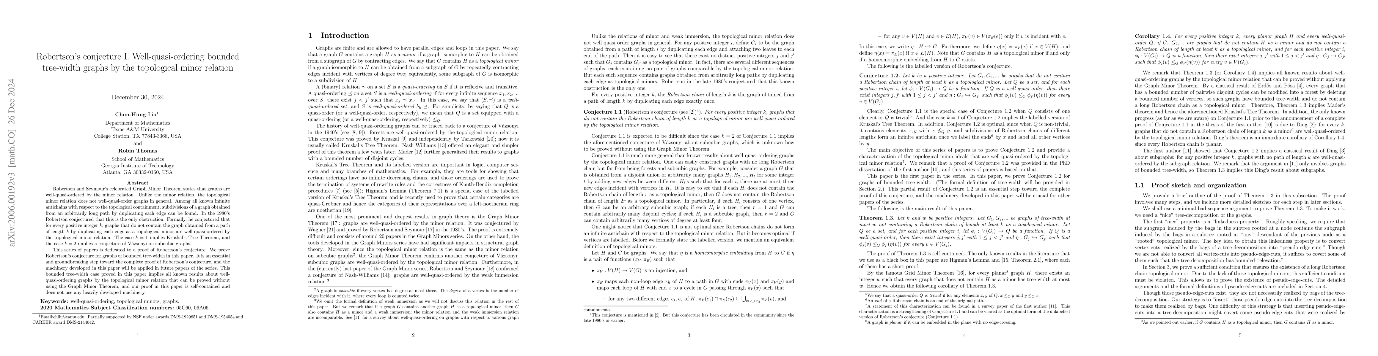 Thumbnail for Robertson's conjecture I. Well-quasi-ordering bounded tree-width graphs
  by the topological minor relation