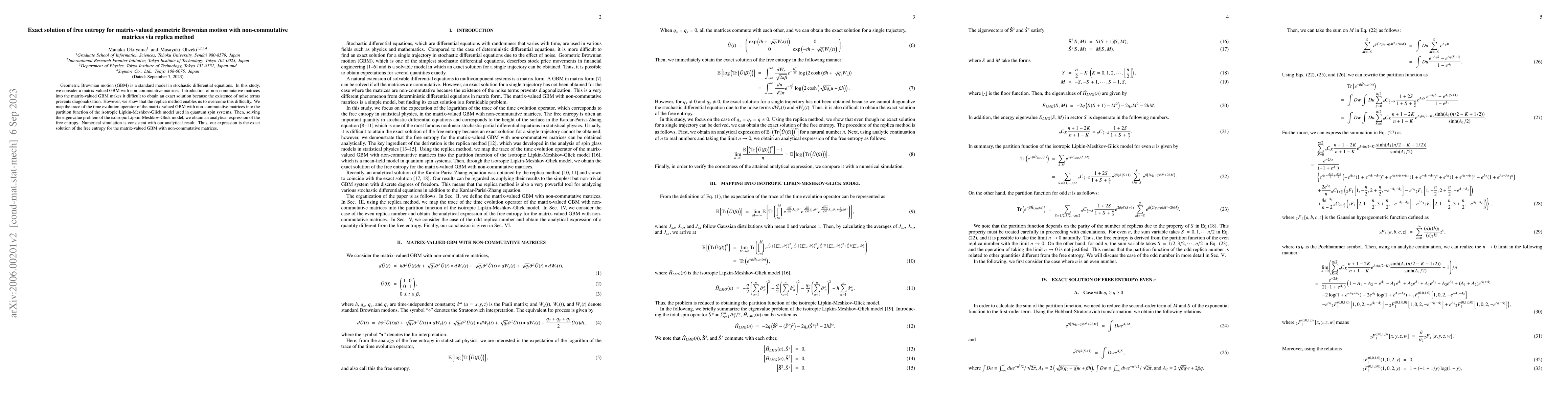 Thumbnail for Exact solution of free entropy for matrix-valued geometric Brownian
  motion with non-commutative matrices via the replica method