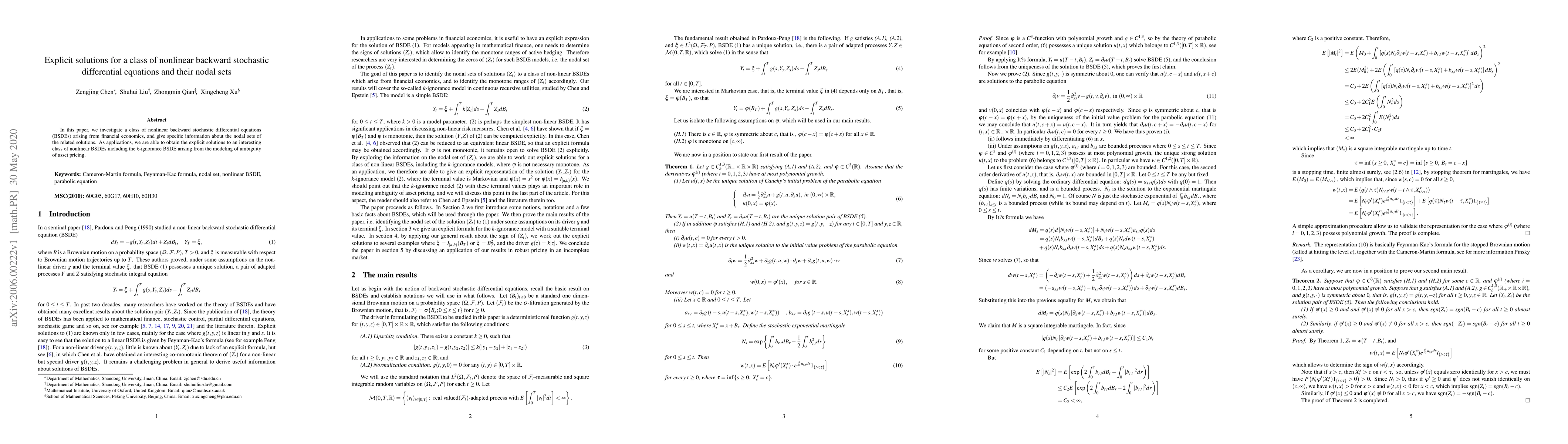 Thumbnail for Explicit solutions for a class of nonlinear backward stochastic
  differential equations and their nodal sets